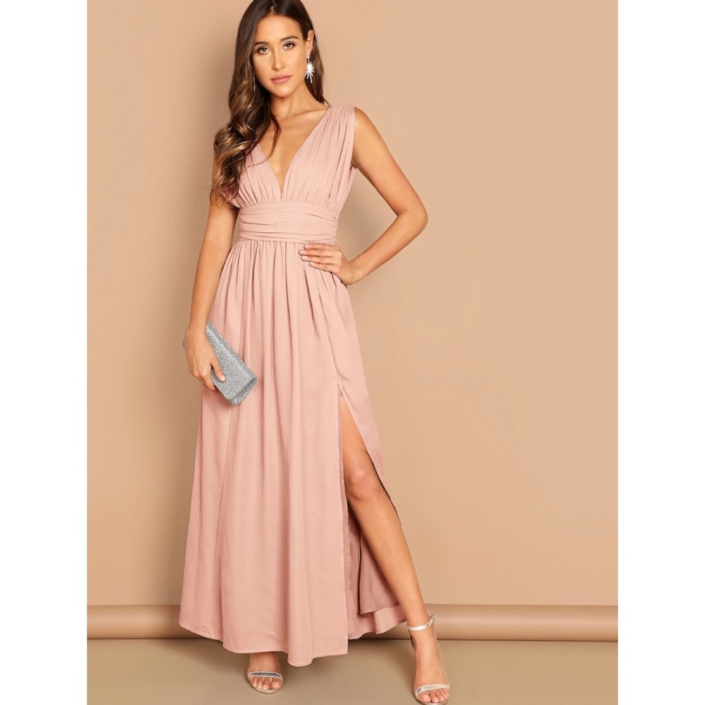 SHEIN Blush Pink V-Neck Maxi Dress with Side Slit